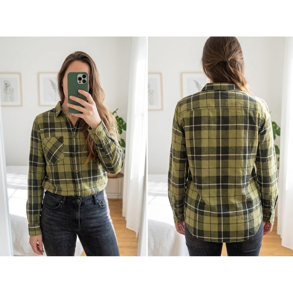 NWT Helly Hansen Women L Lokka Organic Flannel Shirt Sage Plaid Green Button LS